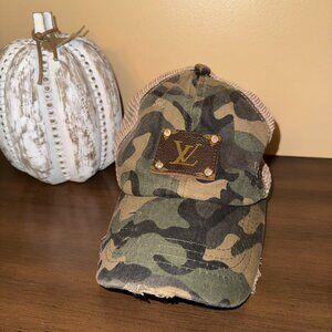 Upcycled LV Patch Trucker Cap – Green Camo with Iridescent Crystal St